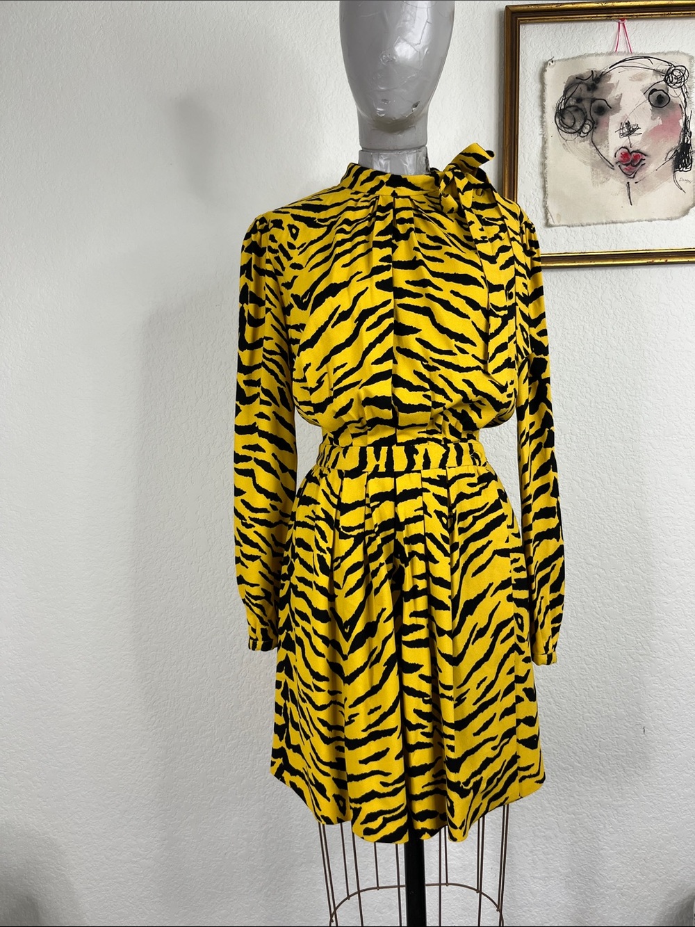 Saint Laurent Tiger Print Crêpe Minidress Striped Yellow Black Side Button Tie